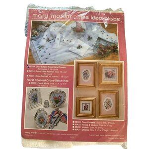Mary Maxim Lace Edge Rose Cross-Stitch Hand Towels Kit Makes 2 New Craft Sewing
